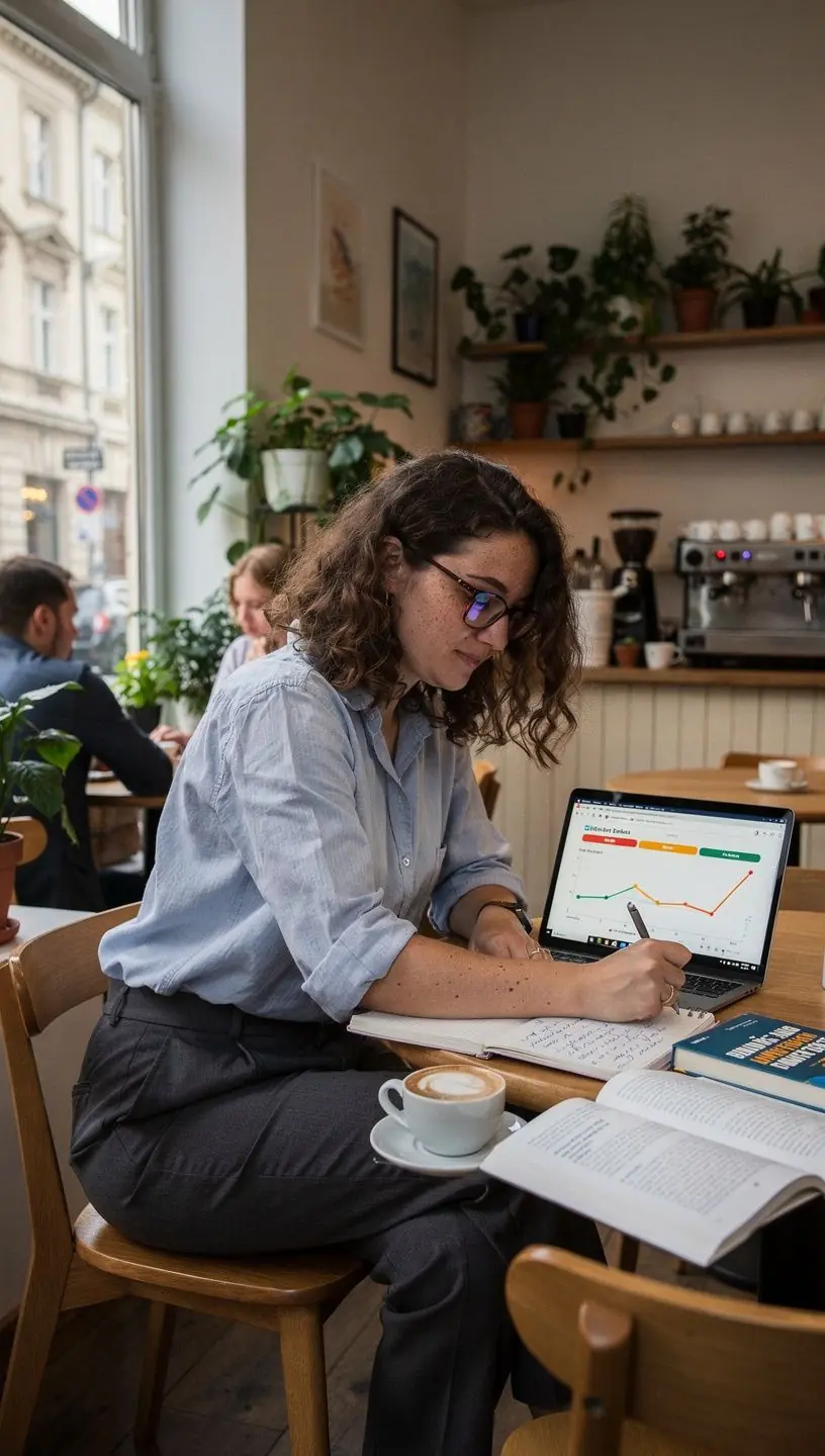 Fotografie osoby zapisující si finanční cíle do plánovače na stole.